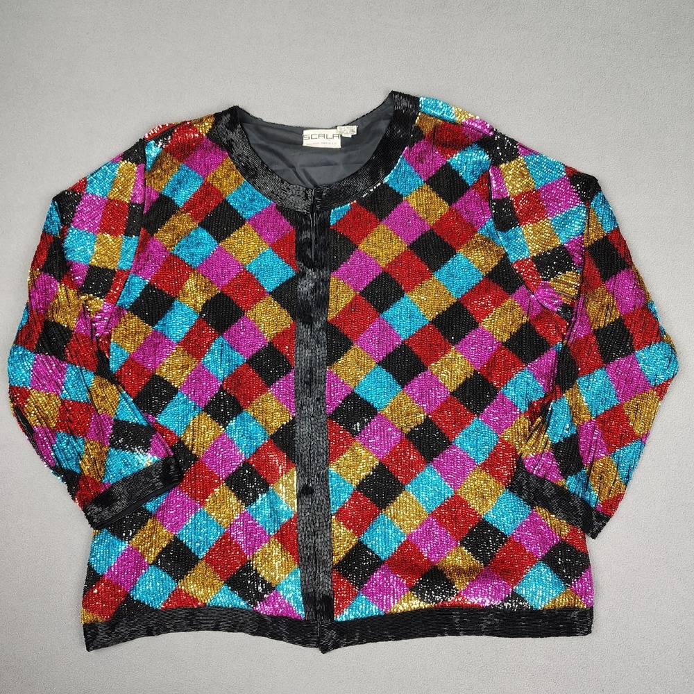 Vintage Scala Silk Beaded Sequin Top Women 3XL Multicolor Glam Long Sleeve 90s